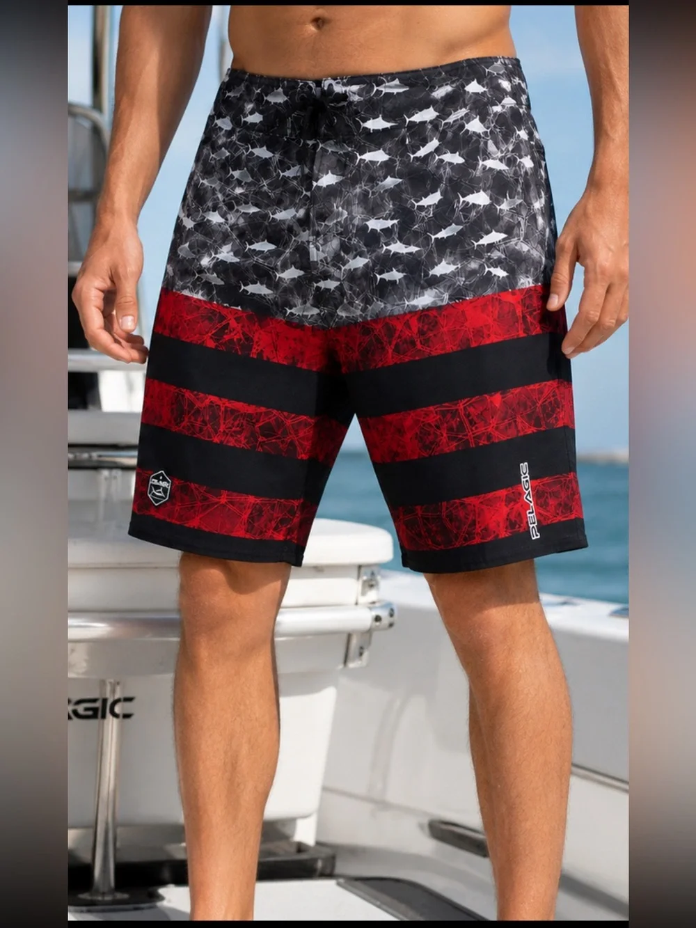 Pelagic Sharkskin Boardshorts Men’s 32 Fishing Swim Trunks Shark Print Stretch